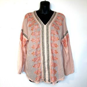 Sundance Womens Tunic Blouse XS Peach Emroidered Embellished Cotton Boho Hippie